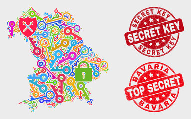 Protection Bavaria Land map and seal stamps. Red round Top Secret and Secret Key distress seal stamps. Bright Bavaria Land map mosaic of different administration icons.