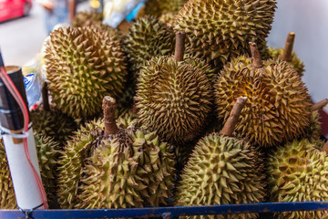 Durian fruit is sold on a cart in the durian fruit market in Thailand.