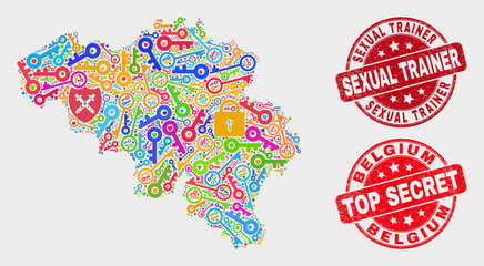 Safety Belgium map and watermarks. Red round Top Secret and Sexual Trainer scratched watermarks. Bright Belgium map mosaic of different secure items. Vector collage for safety purposes.