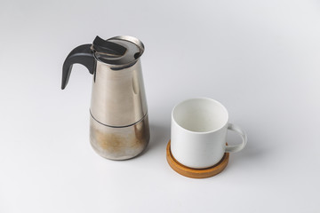 coffee cup and moka pot isolated . Coffee time . minimalism Concept . Studio Shot