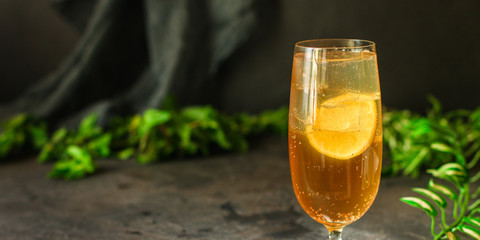 lemonade with lemon and ice (cooling drink). top food background. copy space