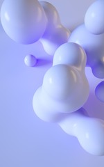 3d rendering illustration. Abstract smooth liquid shapes. Vertical background design for stories and graphic design projects. Balls and bubbles. Soft and light purple blue color. Plastic look material