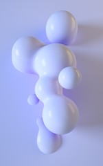 3d rendering illustration. Abstract smooth liquid shapes. Vertical background design for stories and graphic design projects. Balls and bubbles. Soft and light purple blue color. Plastic look material