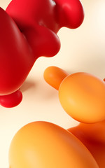 3d rendering illustration. Abstract smooth liquid art. Vertical background design for stories and graphic design projects. Balls and bubbles. Happy summer party mood. Yellow, orange and red shapes.