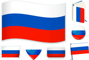 Russian national flag vector illustration in different shapes.