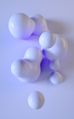 3d rendering illustration. Abstract smooth liquid shapes. Vertical background design for stories and graphic design projects. Balls and bubbles. Soft and light purple blue color. Plastic look material