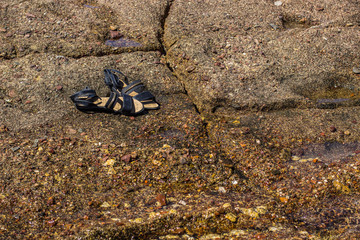 old black female sandals on wet stone shoreline ground