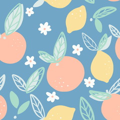 Oranges and lemons seamless pattern with leaves vector.