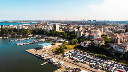 Fototapeta premium Aerial view of port and old town in Constanta, tourist and industrial town and popular resort in Romania.