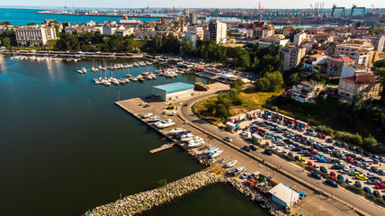 Obraz premium Aerial view of port and old town in Constanta, tourist and industrial town and popular resort in Romania.