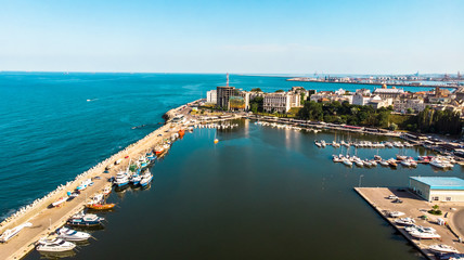 Aerial view of port and old town in Constanta, tourist and industrial town and popular resort in...