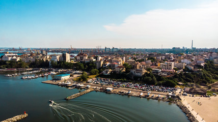 Aerial view of port and old town in Constanta, tourist and industrial town and popular resort in Romania.