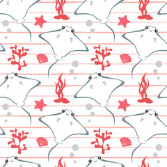 cute lovely cartoon summer marine striped seamless vector pattern background illustration with stingray, seashells, corals and starfishes