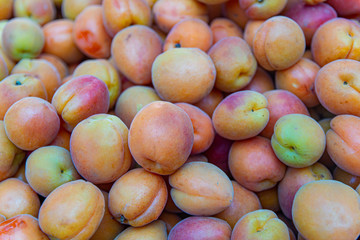 Ripe apricot fruit background. A lot of apricots, harvesting, farming. Sale of apricots on the market.