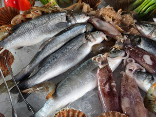 Fresh gourmet seafood with shrimps, fish, octopus and tomatoes on ice and fish