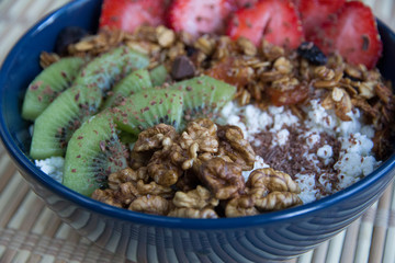 Cottage cheese with strawberries, kiwi, granola and nuts 