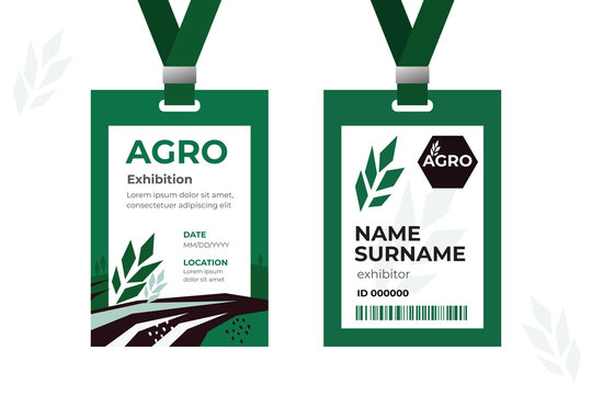 Vector template of ID card with strap. Design identity card for agricultural exhibition or business conference. Illustration of farming with field and wheat. Agro logo. Two sided authentication pass.