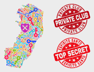 Secure Espirito Santo State map and seal stamps. Red rounded Top Secret and Private Club distress seal stamps. Colorful Espirito Santo State map mosaic of different access symbols.