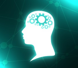 Silhouette of a head. Mental health relative design template. Gears group as a symbol of a brains. Neon bulb illumination. 3D rendering