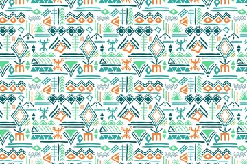 Tribal seamless pattern with archaic geometric ornament. Primitive ethnic style with hand drawn endless borders. Happy colorful color palette,vector illustration.