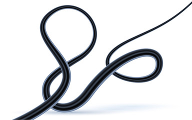 Fototapeta premium Flexible electrical Network wire isolated on white background. Curved power cable. Close-up of 3d coaxial cable section in black insulation. Vector illustration