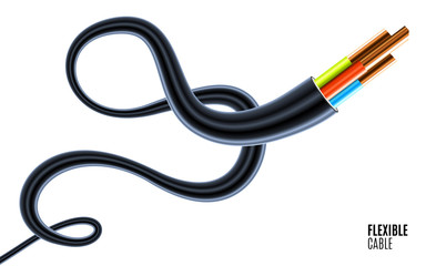 Flexible Three-wire electrical 3d cable isolated on white background. Copper multicore cable in color insulation. Close-up of the cross section. Curved power cable. Vector illustration