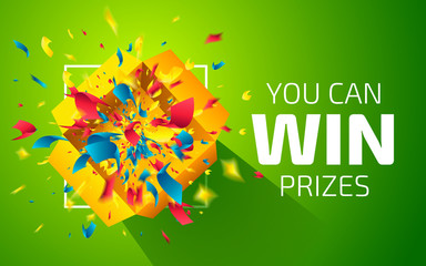 Open yellow box with colorful particles. You can win prizes. Lottery drawing advertising banner template. Gift box and confetti explosion. Vector illustration