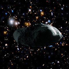 Asteroid flying in the deep space. Galaxies and stars. Elements of this image furnished by NASA.