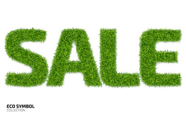 The word SALE from green grass isolated on a white background. Letters with a lawn texture. Eco symbol collection. Vector illustration