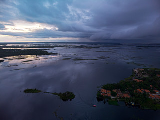 Aerial view of the river with the coming rain