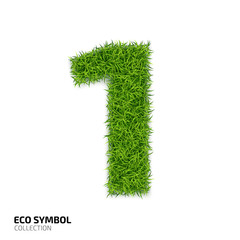 Grass number One isolated on white background. Symbol 1 with the green lawn texture. Eco symbol collection. Vector illustration