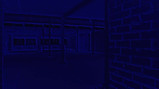The hero of a computer game is looking for a target in an unfinished building. Search with night vision device. Bad signal, distortion. Simulation of computer video game shooter. Arcade, strategy POV