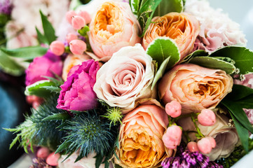 Beautiful wedding bouquet in bride hands before wedding ceremony