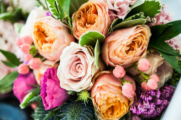 Beautiful wedding bouquet in bride hands before wedding ceremony