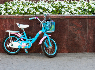 Children's bike on the asphalt without a child and with a helmet in the trunk, leaning against the granite wall near the flower bed with white petunias in anticipation of the child on a summer evening