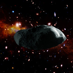 Asteroid flying in the deep space. Galaxies and stars. Elements of this image furnished by NASA.