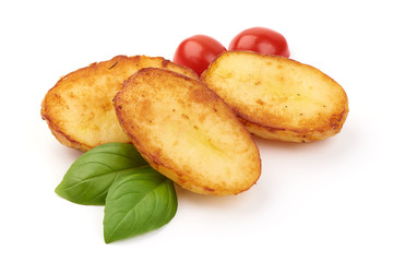 Baked halves of Potatoes, close-up, isolated on white background