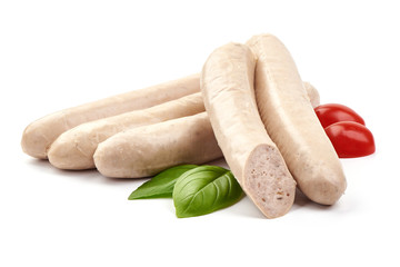 Fresh German white sausages, Thuringer Rostbratwurst, close-up, isolated on white background