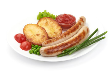 Grilled German white sausages with baked potatoes, close-up, isolated on white background