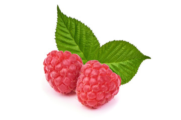 Fresh and ripe raspberries with leaves, close-up, isolated on white background