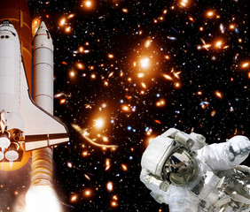 Rocket (shuttle), astronaut and galaxy. The elements of this image furnished by NASA.