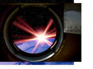 Gorgeous view of sunrise. Window of spaceship. Elements of this image furnished by NASA.