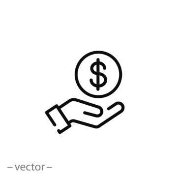 save money icon, salary money, invest finance, hand holding dollar, line symbols on white background - editable stroke vector illustration eps10