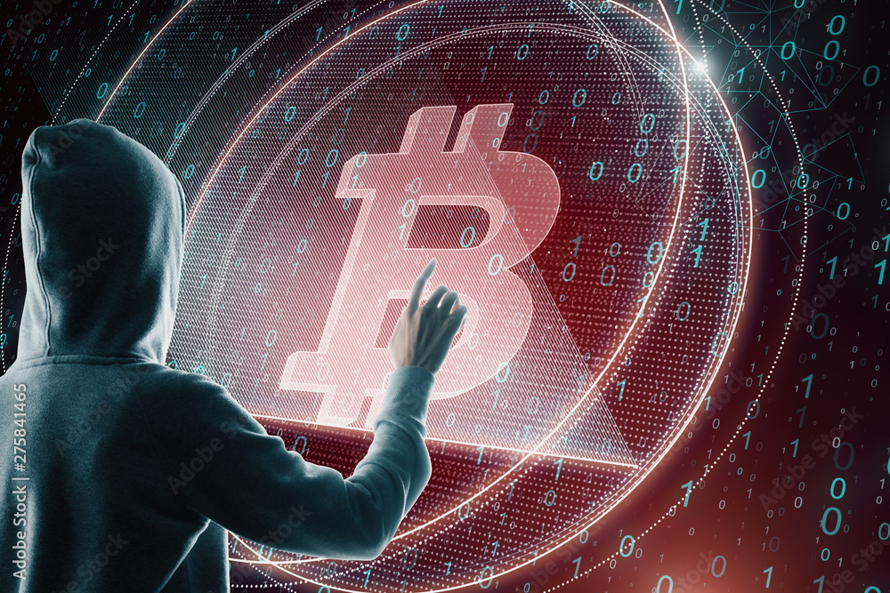 Poster hacker with red bitcoin
