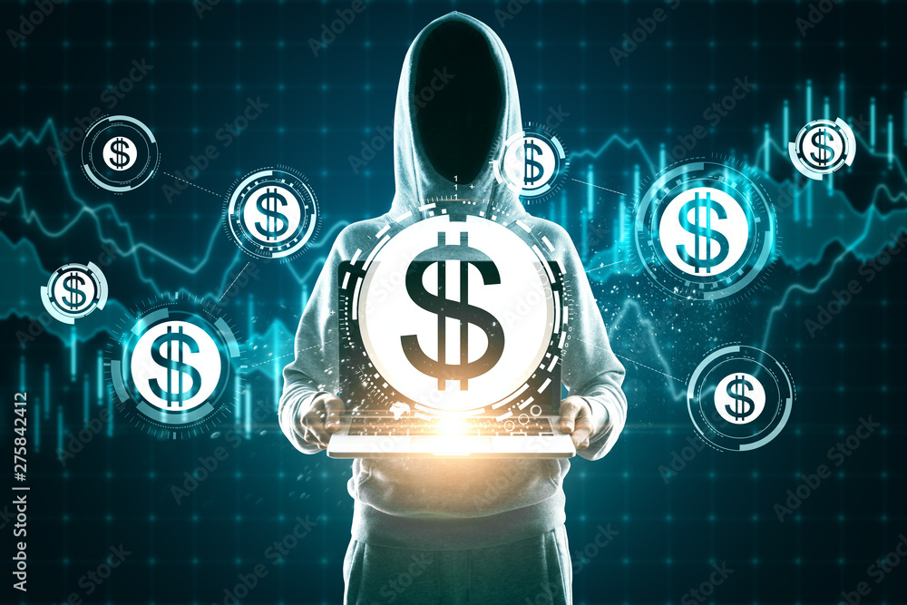 Poster hacker with dollar icons