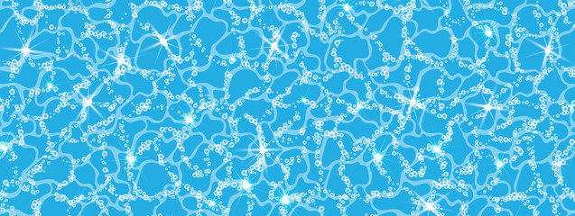 Horizontal Pattern - the surface of the water with air bubbles and the sun glare on the surface. Azure blue waves. Vector illustration