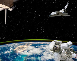 Astronaut and spaceships against earth. The elements of this image furnished by NASA.