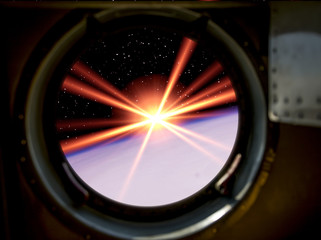 Gorgeous view of sunrise. Window of spaceship. Elements of this image furnished by NASA.