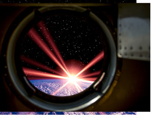 Gorgeous view of sunrise. Window of spaceship. Elements of this image furnished by NASA.