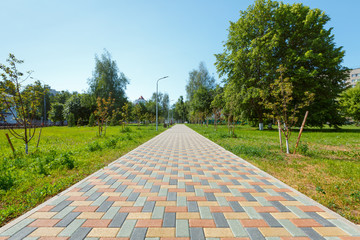 Colorful cobblestone road pavement and lawn divided by a concrete curb.